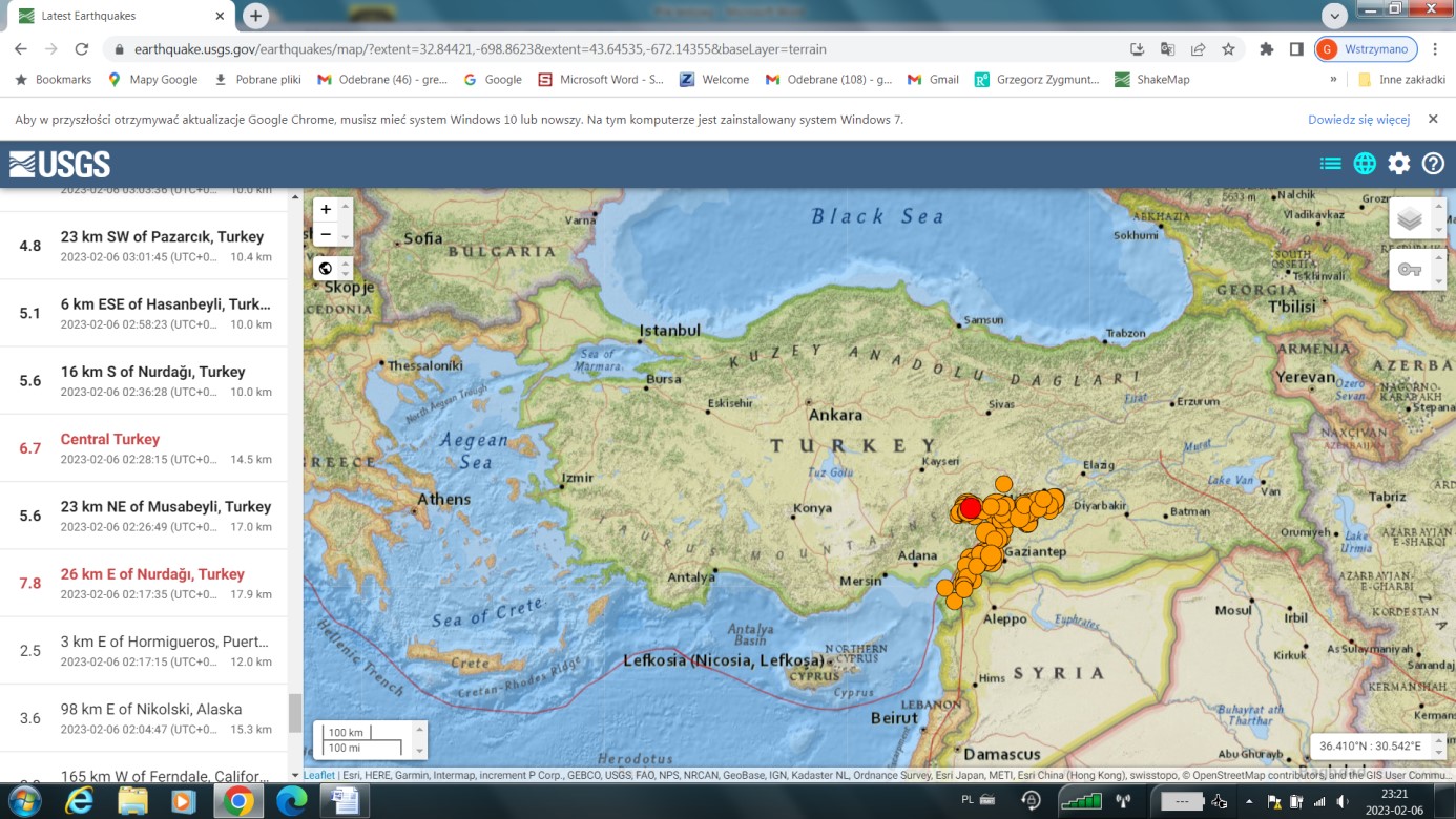 Lokalizacja trzęsień ziemi w Turcji na mapie Europejsko-Śródziemnomorskiego Centrum Sejsmologicznego